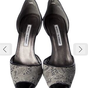 Manolo Blahnik Black and Lace Cream Patterned Heels